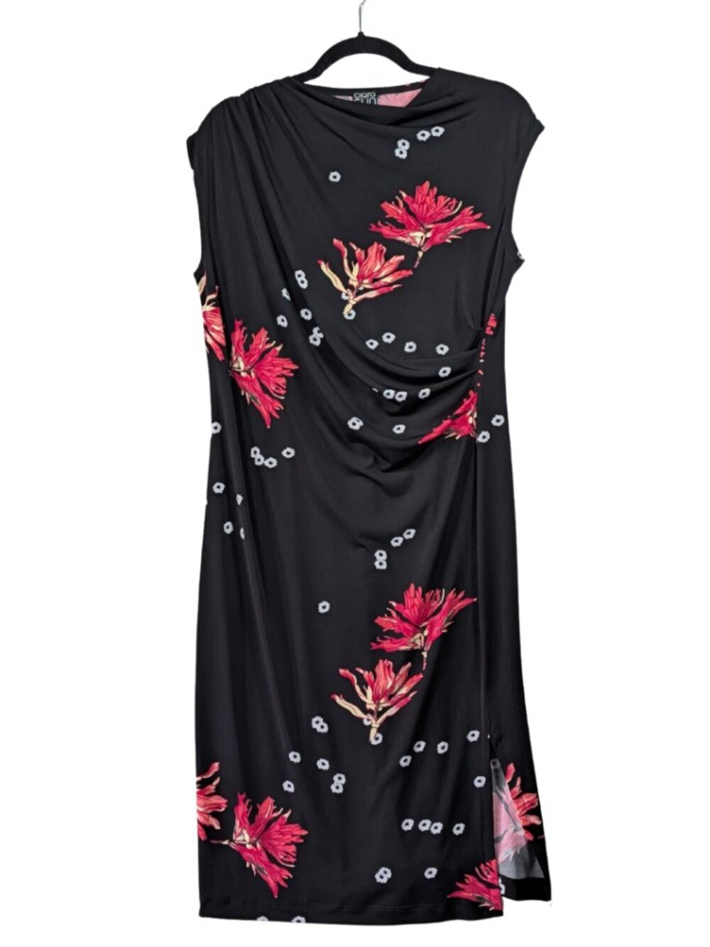 Clara Sunwoo Sleeveless Floral Draped Cowl Neck Stretch Dress Black Pink Size S
